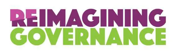 The words "Reimagining Governance", where "Reimagining" is purple and "Governance" is green.