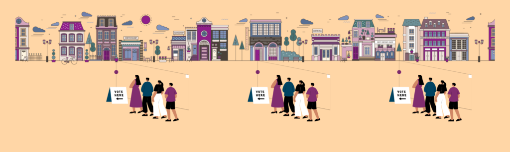 Image of a community with voting signs and people lined up.
