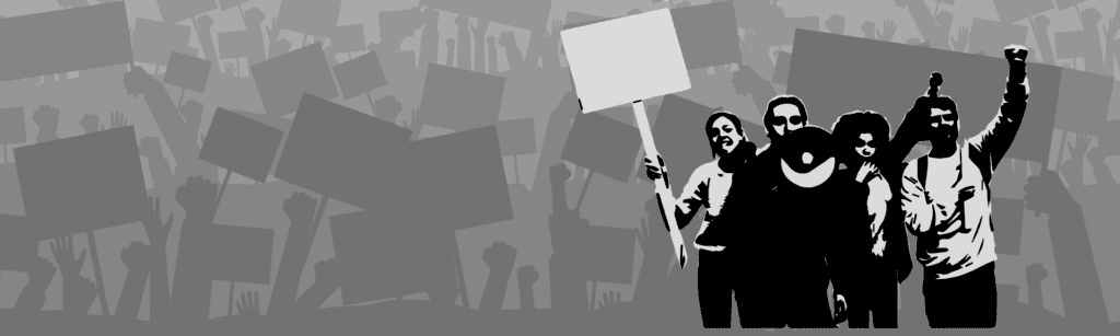 Black and white graphic, cutout image of protestors in bottom right.